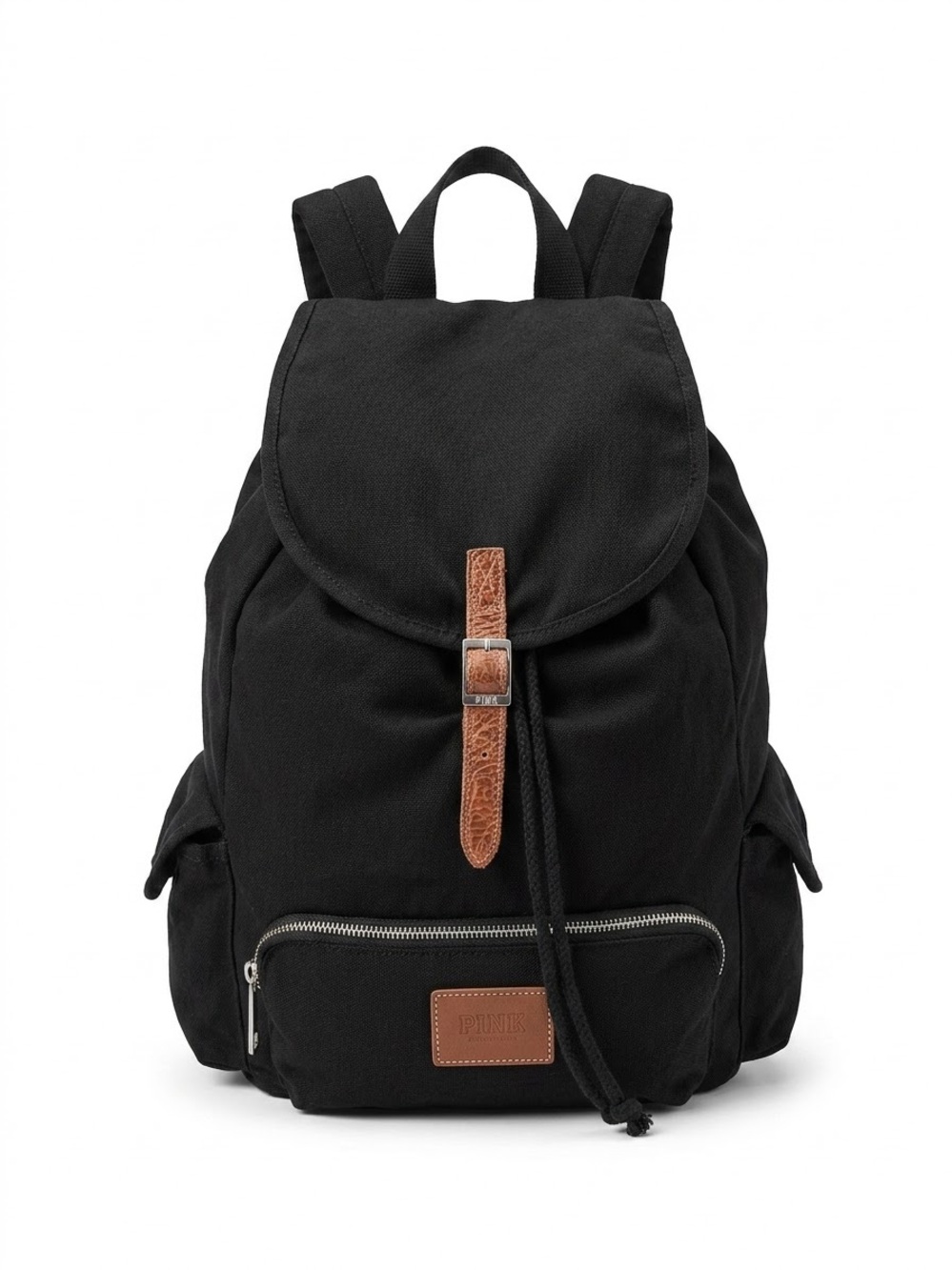 PINK Victoria's Secret Black Canvas Backpack with Brown Strap Accent